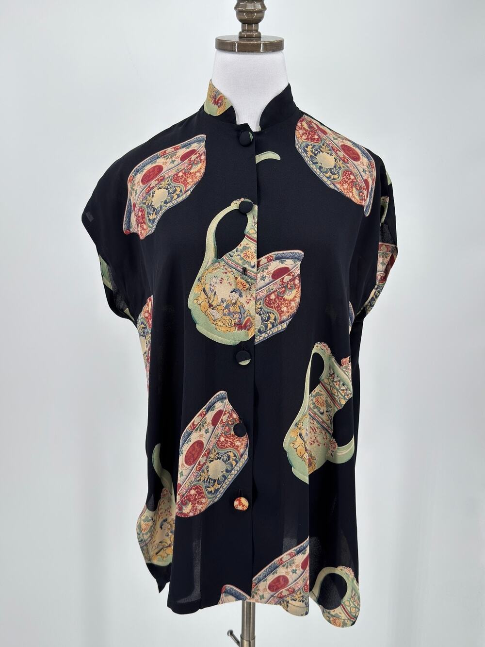 Harari Vintage Asian Teapot Print Silk Cap Sleeve Button Up Blouse Top Sz M